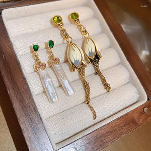 Boucles d'oreilles pendantes Minar Vintage 2 modèles couleur blanche émail CZ Zircon Baroque perle d'eau douce tulipe coeur Long gland