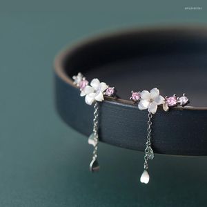 Bengelen oorbellen miqiao925 zilveren bloem oorbel 2023 voor vrouwen meisje vrouwelijk sierlijke schaal vijf bloemblaadjes diamant roze zirkon oor mode sieraden