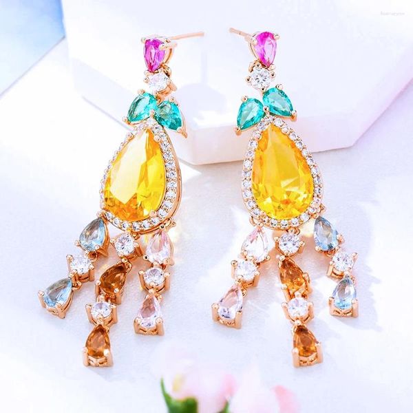 Pendientes colgantes Missvikki de lujo con borla amarilla brillante y diamantes de imitación para mujer, gota colgante para novia, regalos de joyería para boda y fiesta