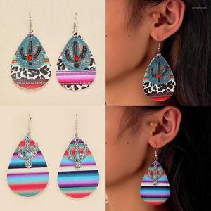 Bengelen oorbellen gemengde luipaard streep print pu lederen traan metalen turquoise cactus druppel voor vrouwen 2023 zomer boho sieraden