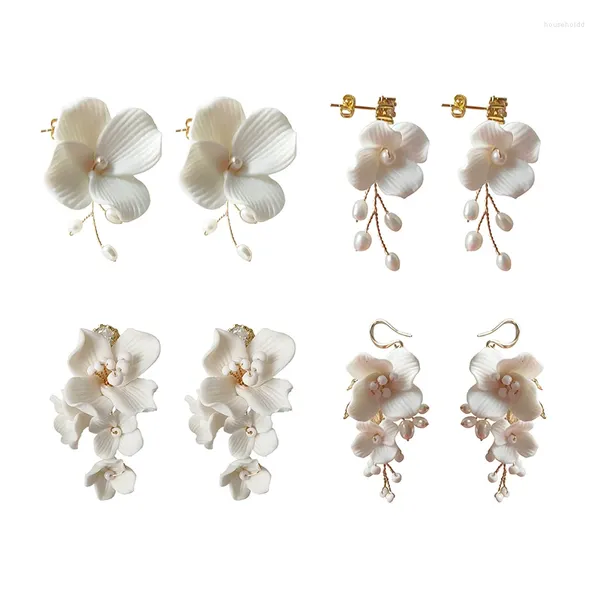 Boucles d'oreilles pendantes Styles mixtes, fait à la main, fleur en céramique, pendentif de mariée, perle de mariage pour femmes, accessoire de bijoux