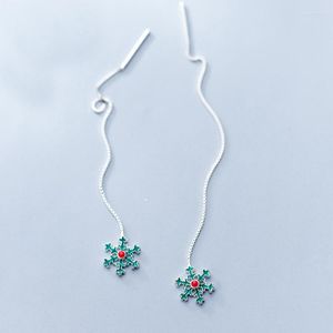 Boucles d'oreilles pendantes MloveAcc vert flocon de neige goutte véritable argent Sterling 925 tirer à travers la chaîne d'enfilage boucles d'oreilles pour les femmes bijou de noël