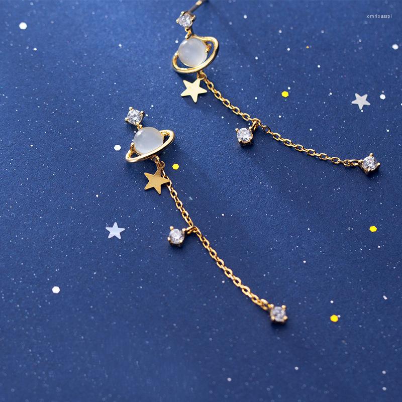 Brincos pendurados mloveacc alta qualidade 925 prata esterlina espaço estrelas estelares longa corrente gota para jóias femininas