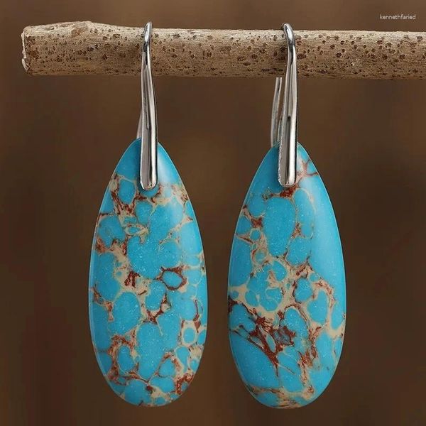 Pendientes colgantes modernos bohemios en forma de lágrima para mujer, jaspes, Color plateado, joyería de piedra azul Natural agrietada Irregular