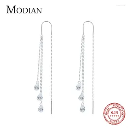 Boucles d'oreilles pendantes Modian exquise ligne en argent Sterling 925 scintillant clair CZ boucle d'oreille classique longue gland pour les femmes bijoux