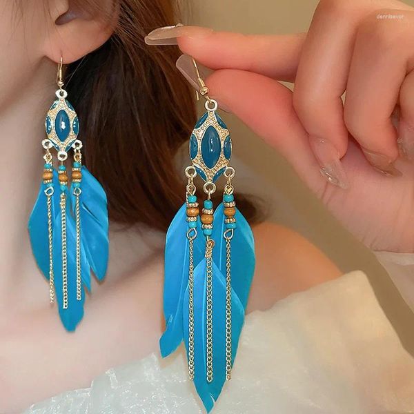 Boucles d'oreilles pendantes MOGAKU ethnique perlée pour femmes plume bleue métal gland bohême oreille crochet boucle d'oreille accessoires de mode bijoux