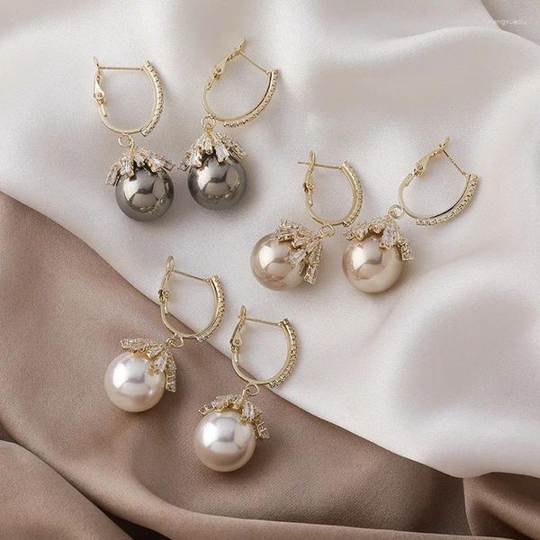 Pendientes colgantes MOONBIFFY temperamento champán gris Color blanco perla grande para mujer latón dorado brillante Zirconia gancho