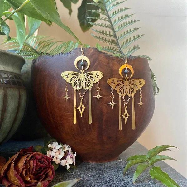 Pendientes colgantes polilla perla tahitiana luna creciente joyería hippie moda bohemia mujer regalo declaración