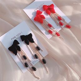 Boucles d'oreilles pendantes MWSONYA mode coréenne élégant noir rouge velours nœud papillon pour femmes longue chaîne strass perle gland bijoux cadeau