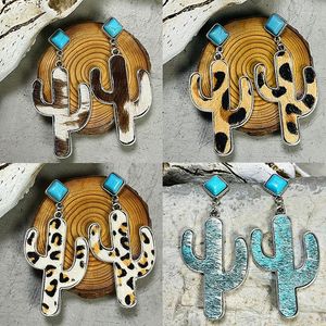 Boucles d'oreilles pendantes Cactus national avec cuir de vache doré brillant turquoise Exagéré Crin de cheval de cow-boy occidental