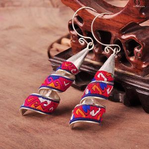 Dangle Boucles D'oreilles National Ethnique Original Brodé Miao Argent Plaqué Tissu Broderie Bijoux Coton Couleur Au Hasard