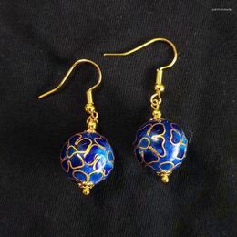 Boucles d'oreilles pendantes Style National rétro chinois cloisonné bleu profond grande perle ronde goutte d'oreille haute sens des bijoux pour femmes