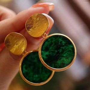 Boucles d'oreilles pendantes en Jade naturel pour femme, tempérament rétro, plaqué argent 925, incrusté d'or 24 carats, bijoux fins pour femmes, cadeau de fête