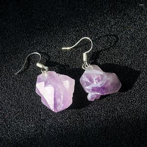 Boucles d'oreilles pendantes en améthyste naturelle pour femmes, bijoux de guérison énergétique Reiki, pierre de cristal irrégulière, à la mode