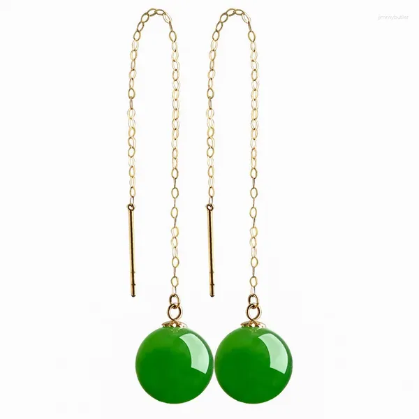 Boucles d'oreilles pendantes en jaspe naturel pour femme, perle ronde, en or 18 carats, avec épinards, bijoux verts