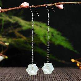 Boucles d'oreilles pendantes en forme de pentagone naturel et Tianyu, longues, incrustées d'argent 925, véritable pétale de Jade blanc, certificat assorti