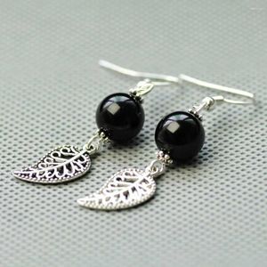 Boucles d'oreilles pendantes en Agate noire naturelle, perles tibétaines, feuille d'argent, Halloween, saint-valentin, cadeau pour femmes, cadeaux de vacances porte-bonheur