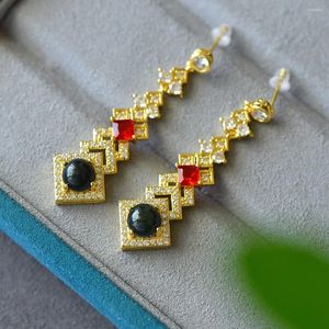 Boucles d'oreilles pendantes en Jade noir naturel, rubis, Zircon Hetian, néphrite, bijoux fins de luxe pour femmes, cadeaux pour petite amie et maman