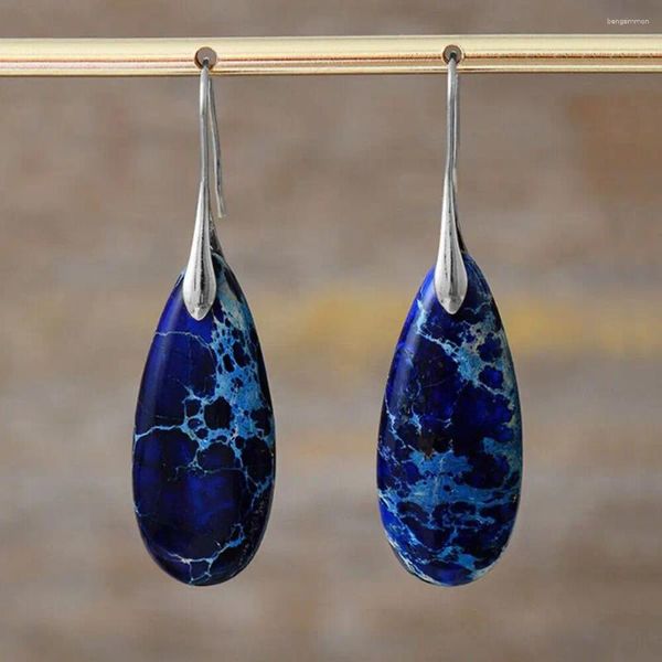 Boucles d'oreilles pendantes en pierre de jaspe impérial bleu naturel, en forme de larme, goutte de pierre précieuse