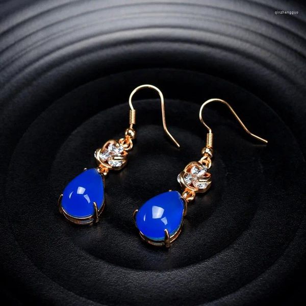 Boucles d'oreilles pendantes en Jade bleu naturel, goutte d'eau pour femmes, accessoires de bijoux fins, véritable jadéite du Myanmar, Zircon, or Rose, boucle d'oreille en forme de larme