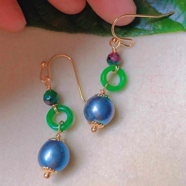 Pendientes colgantes Natural azul perla redonda verde anillo de jade malaquita oro clásico DÍA DE LOS INOCENTES Pascua Diy regalos de vacaciones de la madre