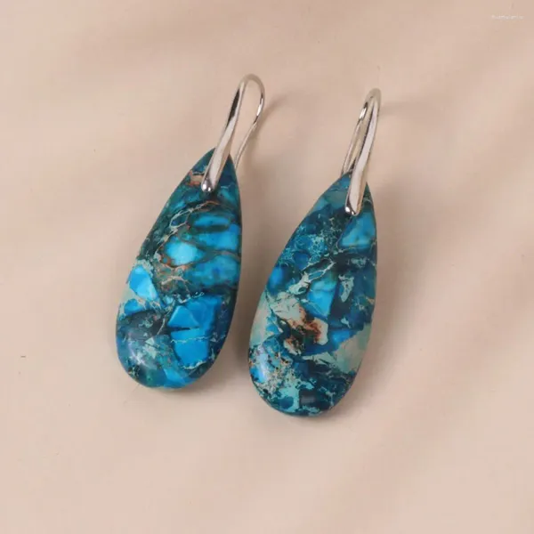 Boucles d'oreilles pendantes naturelles bleues, sédiments de mer, jaspe, protection en forme de larme, faites à la main