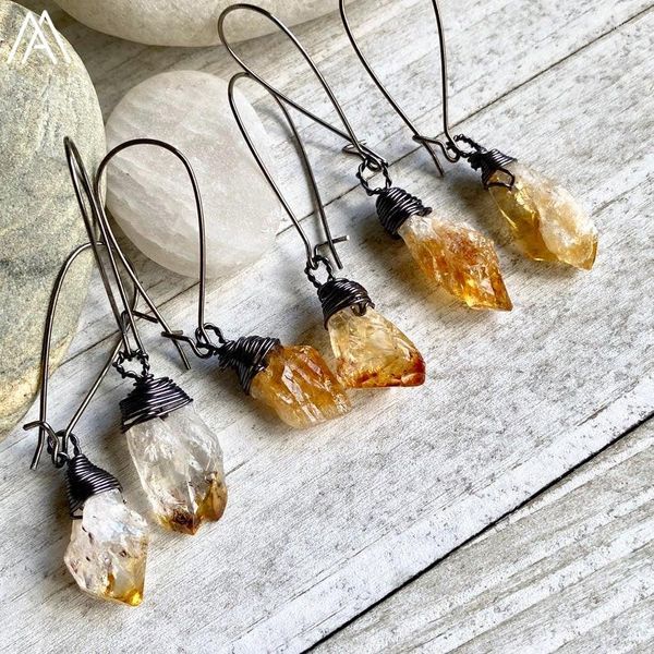 Boucles d'oreilles pendantes Citrines naturelles Quartz forme libre Point perles crochet boucle d'oreille femmes cristal pistolet noir bijoux livraison directe