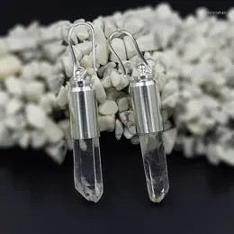 Boucles d'oreilles pendantes en cristal de quartz clair naturel, pointe de pilier, capuchon en laiton plaqué argent, environ 40 à 8mm