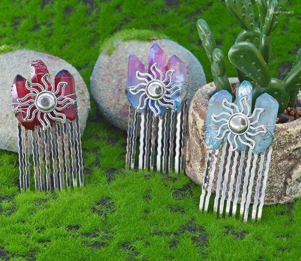 Pendientes colgantes de peine de pelo de cristal Natural, inserto de cuarzo, horquilla de novia, tocado de corona hecho a mano Wiccan para el sol, regalos de Festival