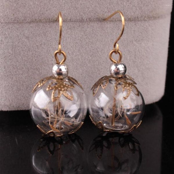 Boucles d'oreilles pendantes Goutte de pissenlit naturel Fil percé décoratif Boule de verre transparent Pendentif Bijoux