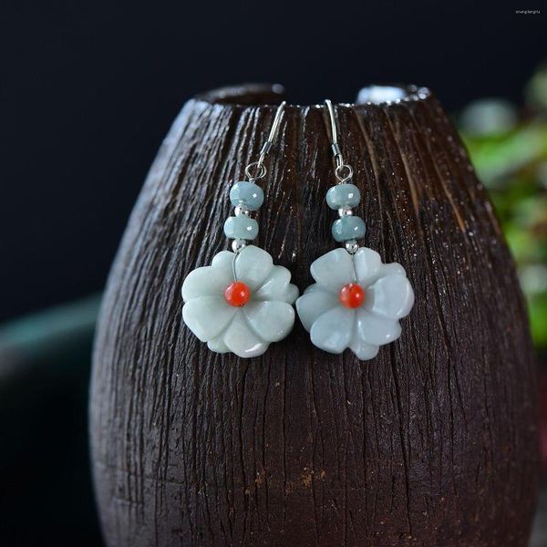 Pendientes colgantes de flor de Esmeralda Natural, abalorio de Jade, joyería artesanal, accesorios de moda, regalos de amuleto de la suerte tallados a mano para hombre Ahd para mujer