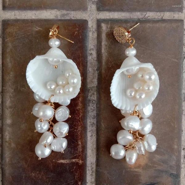 Pendientes colgantes de perlas barrocas de agua dulce Natural, pendiente de concha de mar, gota larga de borla para joyería de mujer
