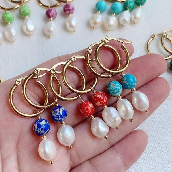 Boucles d'oreilles pendantes goutte de perle baroque d'eau douce naturelle pour les femmes colorées jaspes impériaux turquoises pierre boucle d'oreille en acier inoxydable Boho