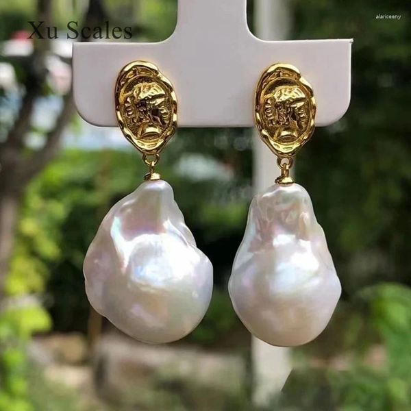 Boucles d'oreilles pendantes naturelles d'eau douce colorées aurore blanche 15-25mm perle baroque rétro cour pièces d'or tête de reine bijoux cadeau pour femmes