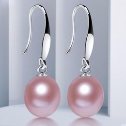 Boucles d'oreilles pendantes en perles d'eau douce naturelles pour femmes, pendentif d'oreille en argent S925, bijoux en forme de goutte d'eau, crochet d'oreille blanc rose violet
