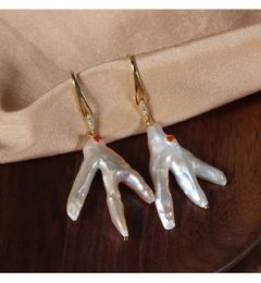 Boucles d'oreilles pendantes en perles d'eau douce naturelles, pieds de poulet baroques incrustés de strass rouges, argent S925