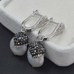 Boucles d'oreilles pendantes en perles d'eau douce naturelles pavées de perles CZ, crochets en cristal noir et blanc pour femmes