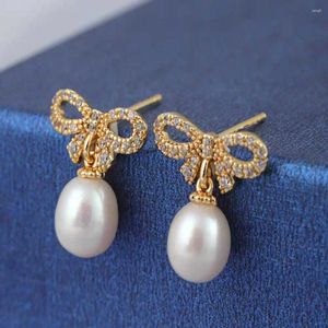 Pendientes colgantes perlas de agua dulce natural 18 km dorado chapado bownot torta stand sólida fiesta de la suerte mujeres boded de diy