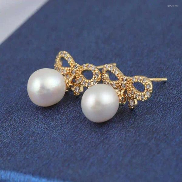 Boucles d'oreilles pendantes en perles d'eau douce naturelles plaquées or 18 carats avec nœud papillon pour Thanksgiving, Saint-Valentin, cadeau pour femme, cadeaux de vacances, carnaval
