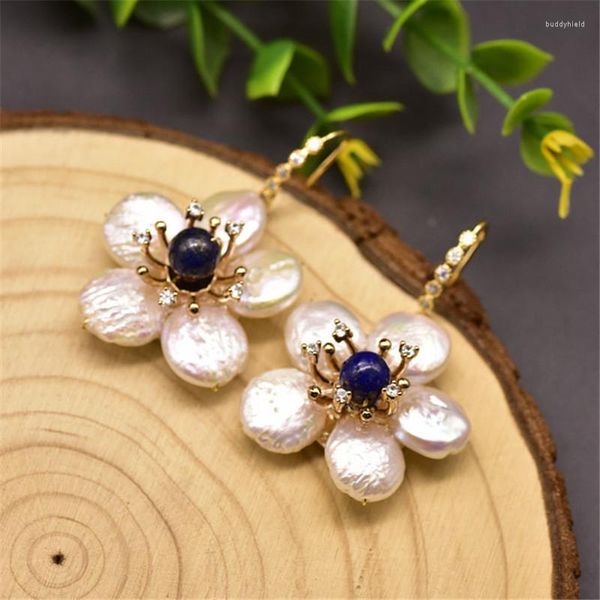 Pendientes colgantes, colgante de flor de perla de agua dulce Natural para mujer, lapislázuli, accesorio de joyería de gama alta para boda