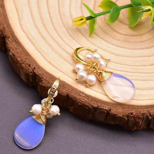 Pendientes colgantes Perlas naturales de agua dulce Pendiente de gota de ópalo de cristal rosa para mujer Hija Cumpleaños Linda joyería fina Bijoux Gancho