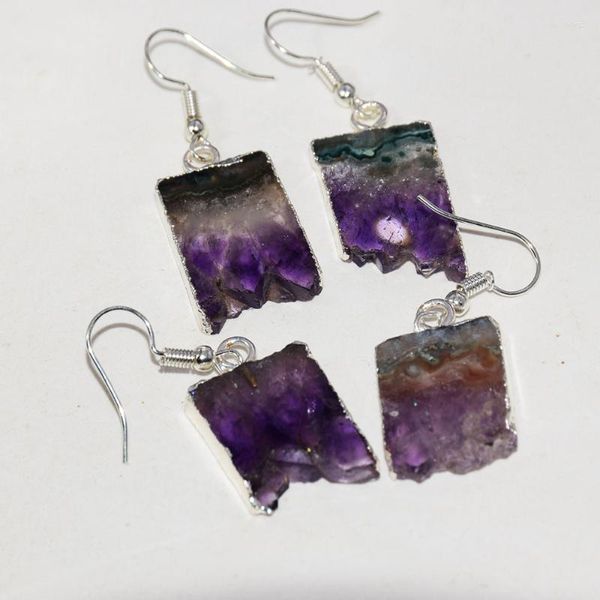 Boucles d'oreilles pendantes géode naturelle Druzy violet cristal pierre 2022 pour les femmes Rectangle bijoux tranche Quartz belle goutte boucle d'oreille Femme