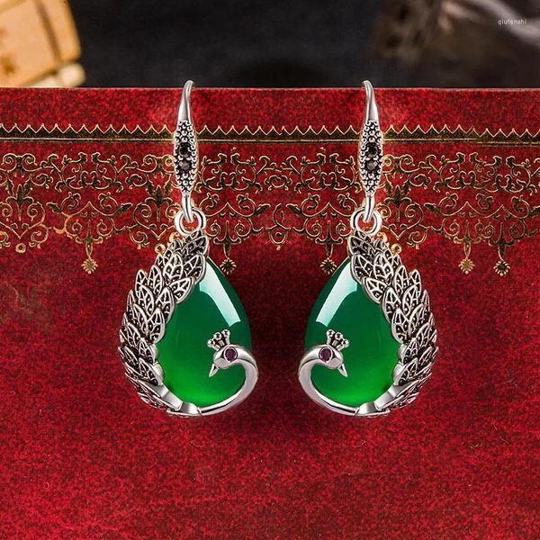 Pendientes colgantes de Calcedonia Verde Natural tallados a mano, joyería de Boutique de moda de pavo real, regalo de ágata para hombres y mujeres