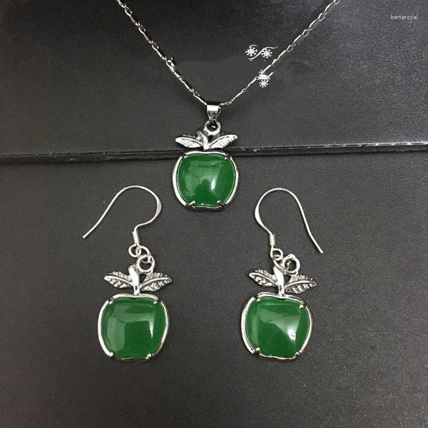 Boucles d'oreilles pendantes en calcédoine verte naturelle, pomme sculptée à la main, bijoux Boutique de mode, ensemble deux pièces pour dames