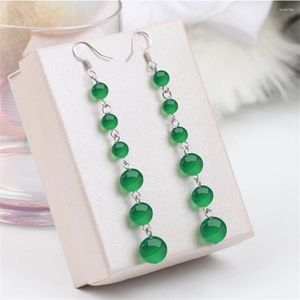 Boucles d'oreilles pendantes en perles de Jade vert naturel pour femmes, longues boucles d'oreilles pendantes, crochet suspendu, tendance, Vintage, cadeau pour fille, bijoux