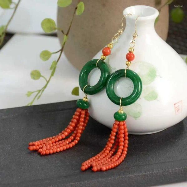 Boucles d'oreilles pendantes en jade vert naturel, perles de corail rouge, frange circulaire, classique, belle oreille, accessoires crochet porte-bonheur Halloween CARNIVAL