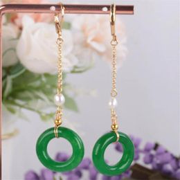 Boucles d'oreilles pendantes en Jade vert naturel, anneau en chaîne 18KGP, cadeau porte-bonheur pour pâques, fête du poisson, cadeaux de vacances pour femmes, carnaval, eau douce