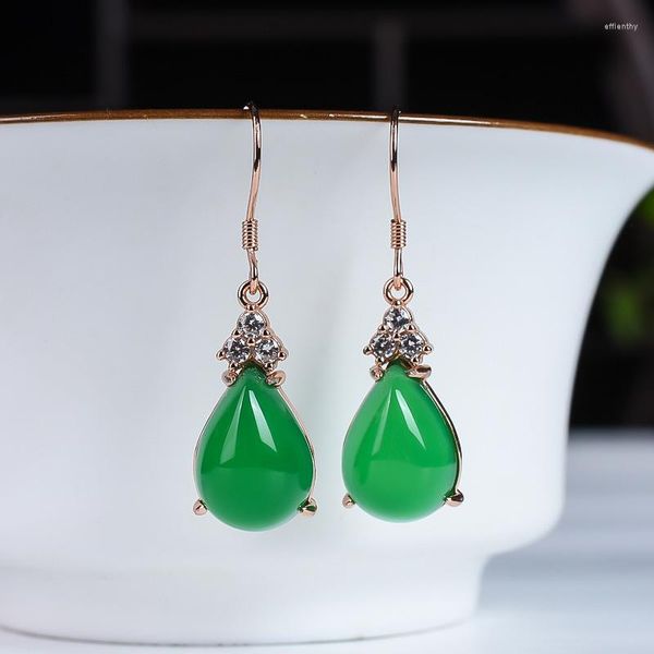 Boucles d'oreilles pendantes Jade vert naturel larme S925 bijoux en argent Sterling femmes Myanmar jadéite Zircon or Rose goutte d'eau boucle d'oreille