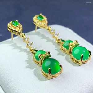 Pendientes colgantes Jade verde natural con circón Esmeralda Myanmar Jadeite Gourd Drop Earring para mujer Accesorios de joyería fina