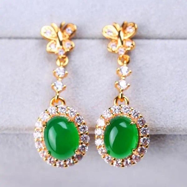 Boucles d'oreilles pendantes en Jade vert naturel, avec papillon en Zircon, jadéite du Myanmar, émeraude, ovale, bijoux fins, cadeau pour femmes